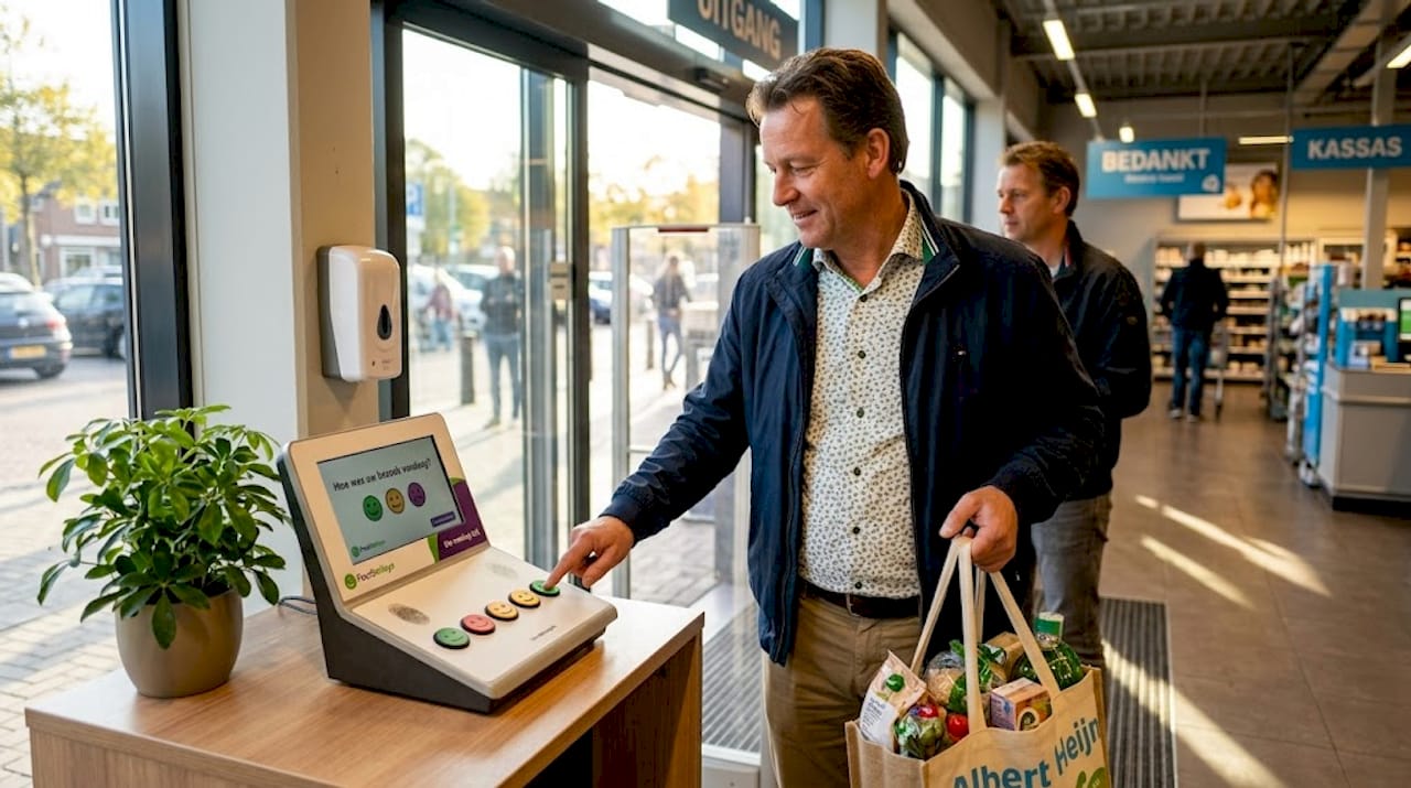 Een klant deelt zijn mening via een feedbackzuil in de winkel.