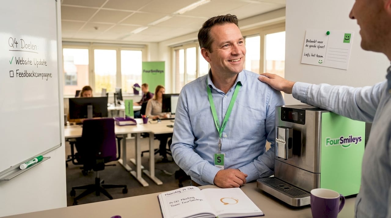 Bij het koffiezetapparaat steekt een collega zijn waardering uit voor het werk van een medewerker.