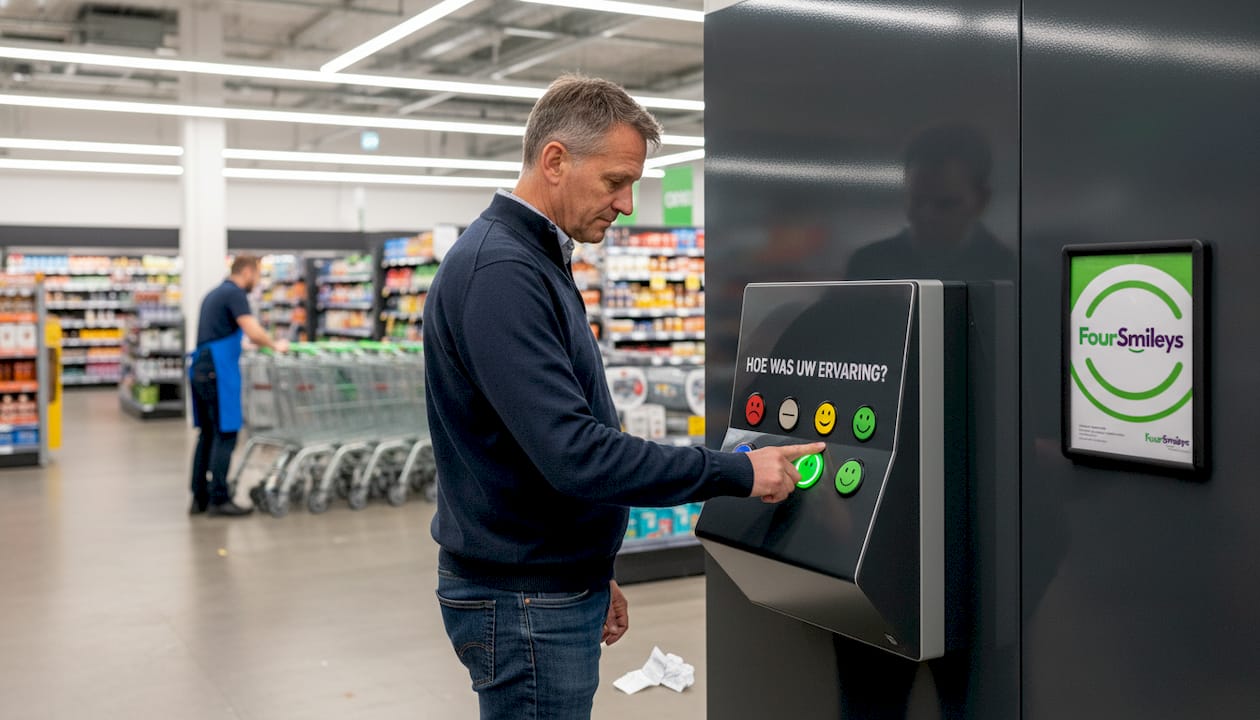 Een klant deelt zijn mening via een smiley-feedbackzuil in de supermarkt.
