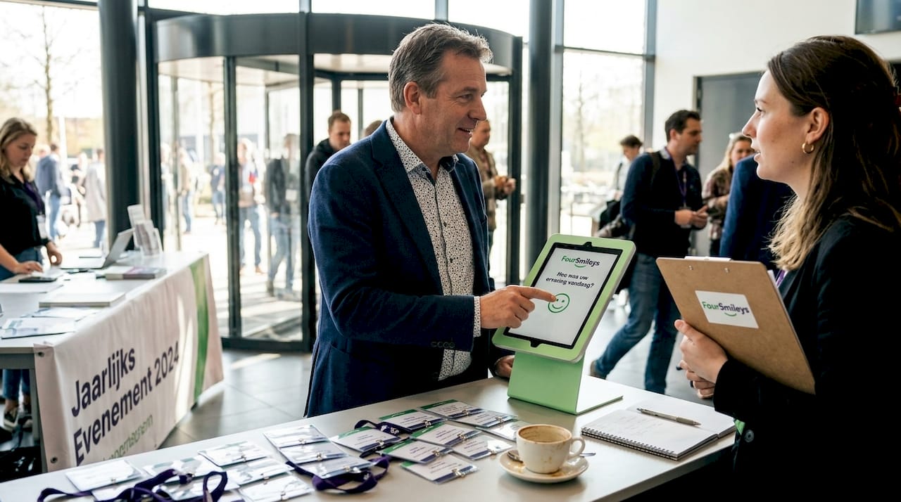 Man geeft feedback over evenement via smiley-zuil