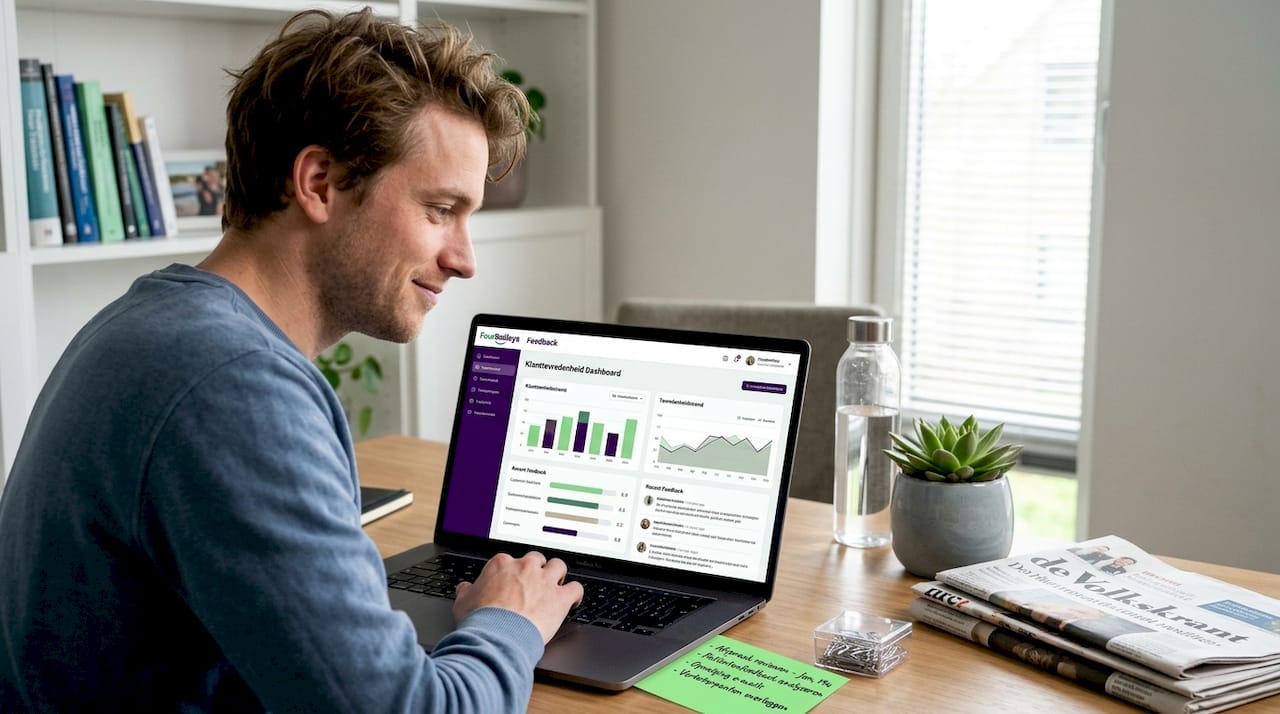 Een zorgmedewerker analyseert het feedbackdashboard om inzichten te krijgen.