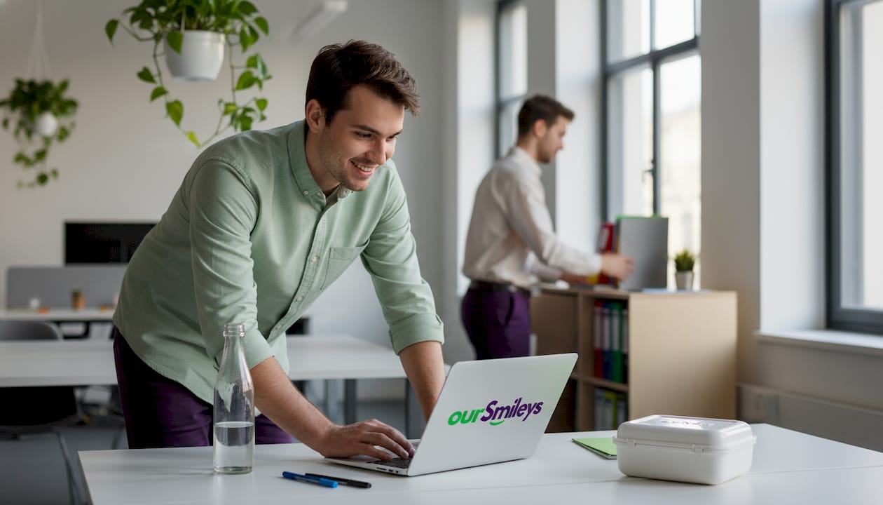 Een vrolijke collega zit te typen in een open kantoorruimte.