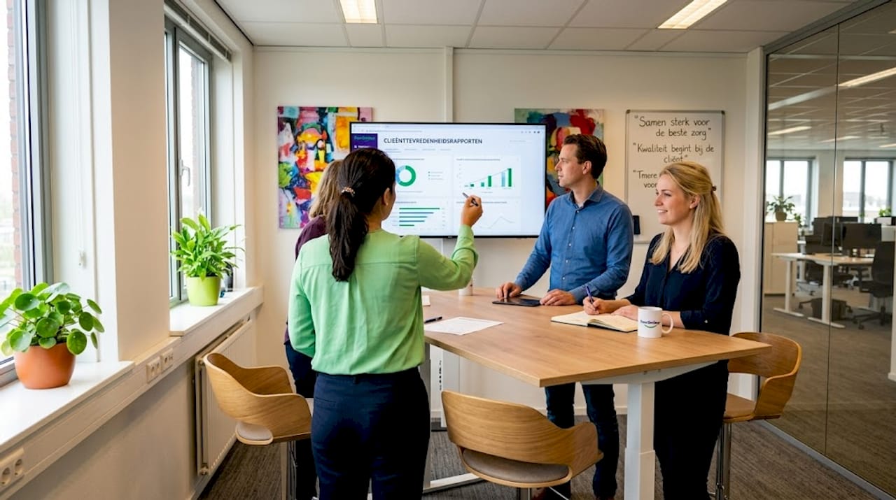 Het team bespreekt regelmatig de tevredenheid van klanten en de belangrijkste financiële resultaten.