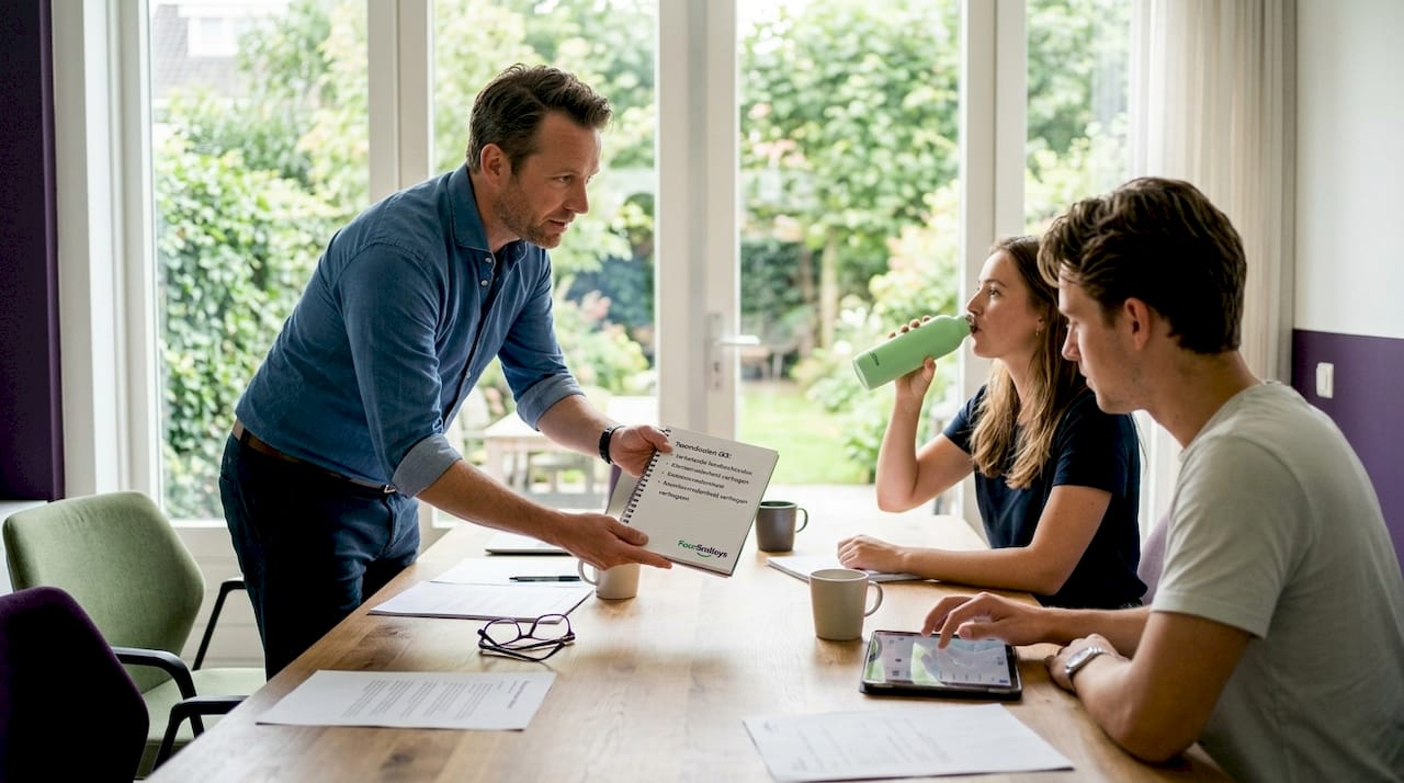Een manager die samen met het team in gesprek gaat over feedback.