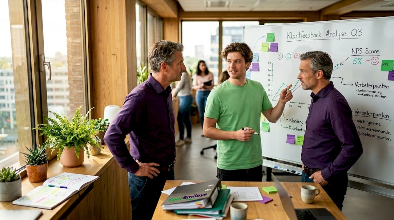 Op kantoor staan collega’s bij het whiteboard om samen feedback te bespreken en ideeën uit te wisselen.