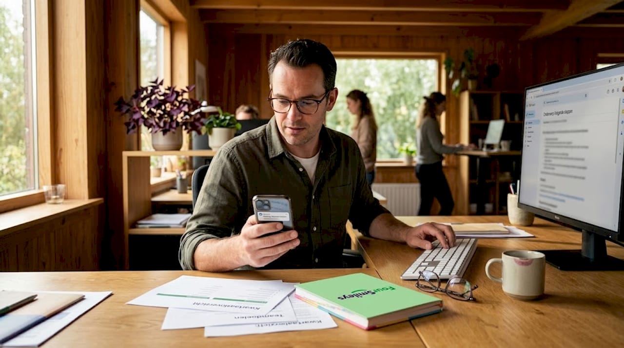 Een medewerker controleert een datamelding op zijn werkplek.