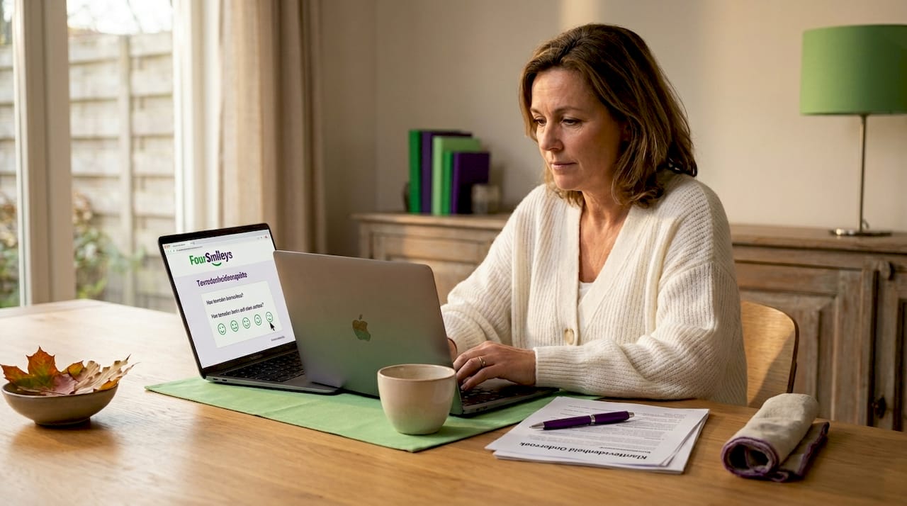 Thuis achter haar laptop beantwoordt een vrouw een online klanttevredenheidsenquête.