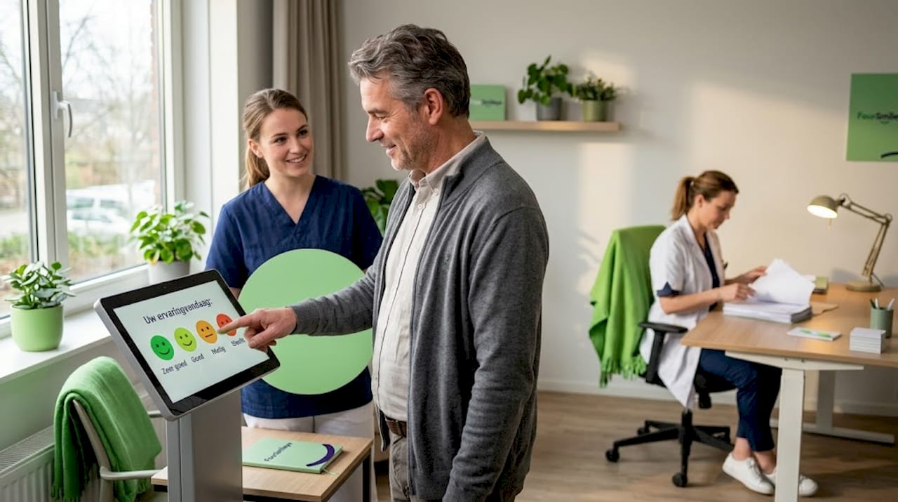 Een medewerker geeft zijn mening via de feedbackzuil in de zorginstelling.