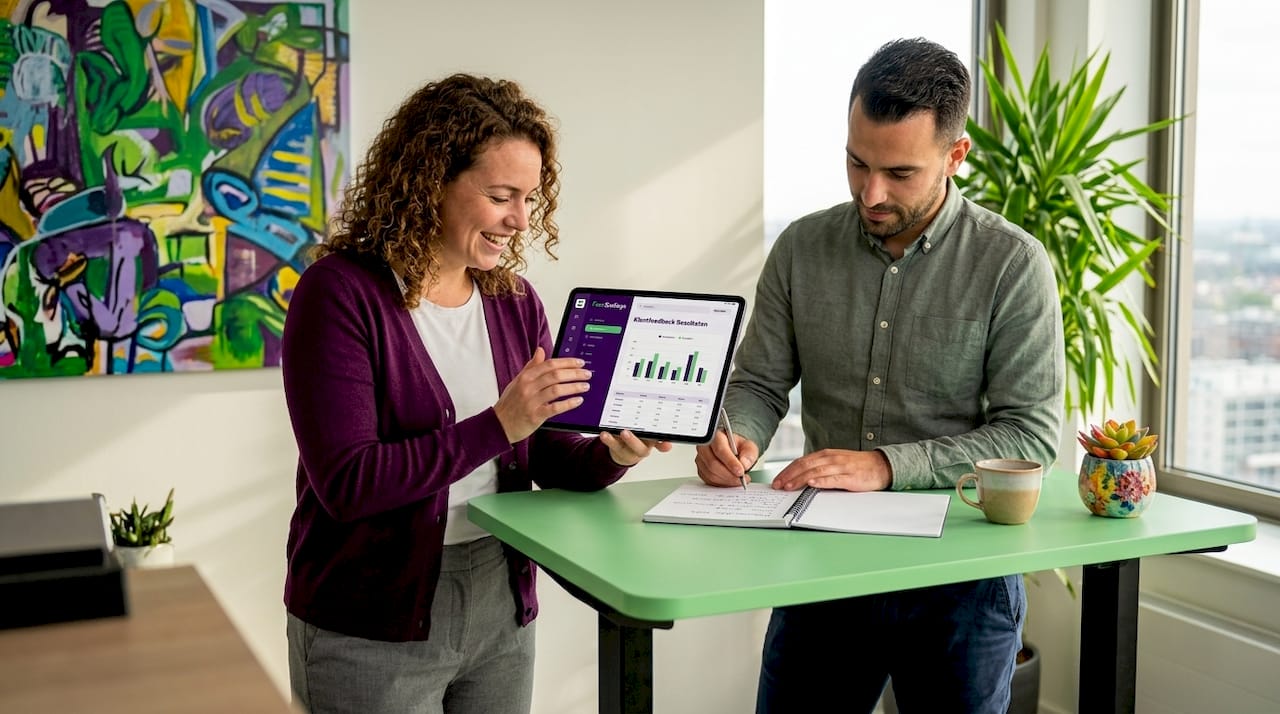 Een team buigt zich samen over de feedback die op een tablet binnenkomt.