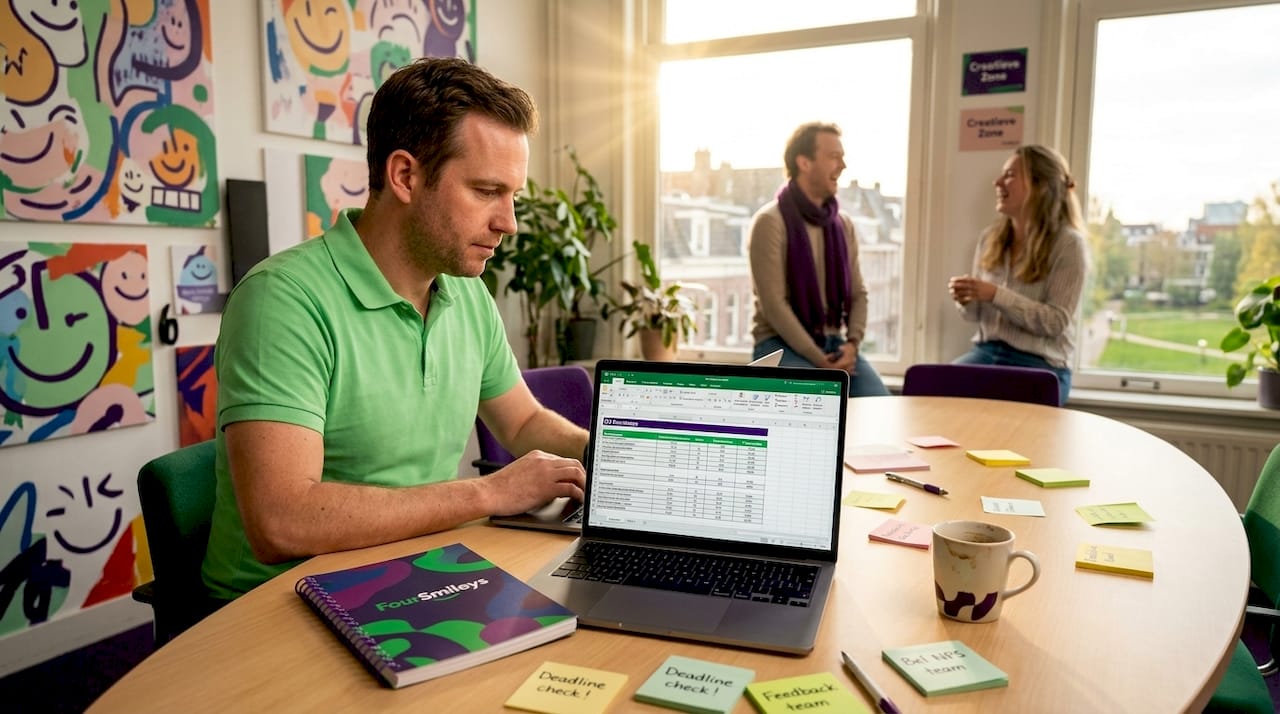 Een man zit aan de vergadertafel en werkt met één centrale database.