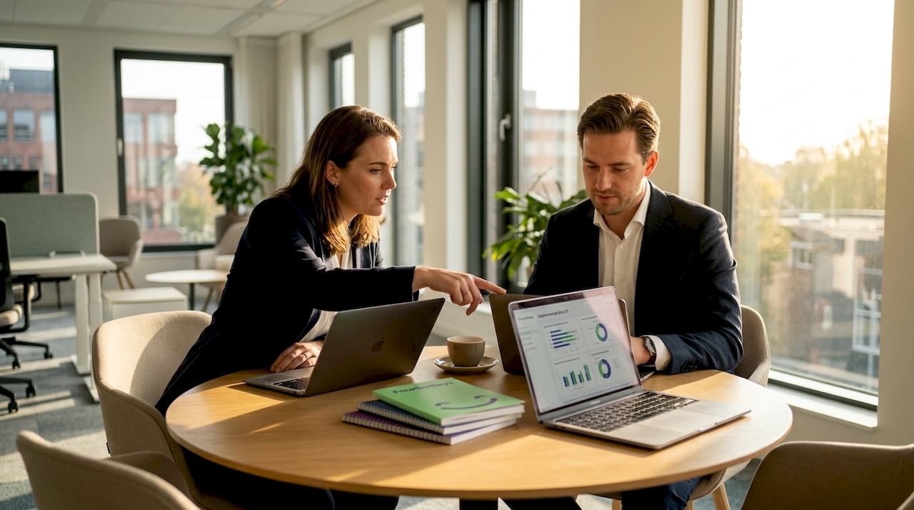Medewerkers zijn samen bezig met data-integratie in de vergaderruimte.
