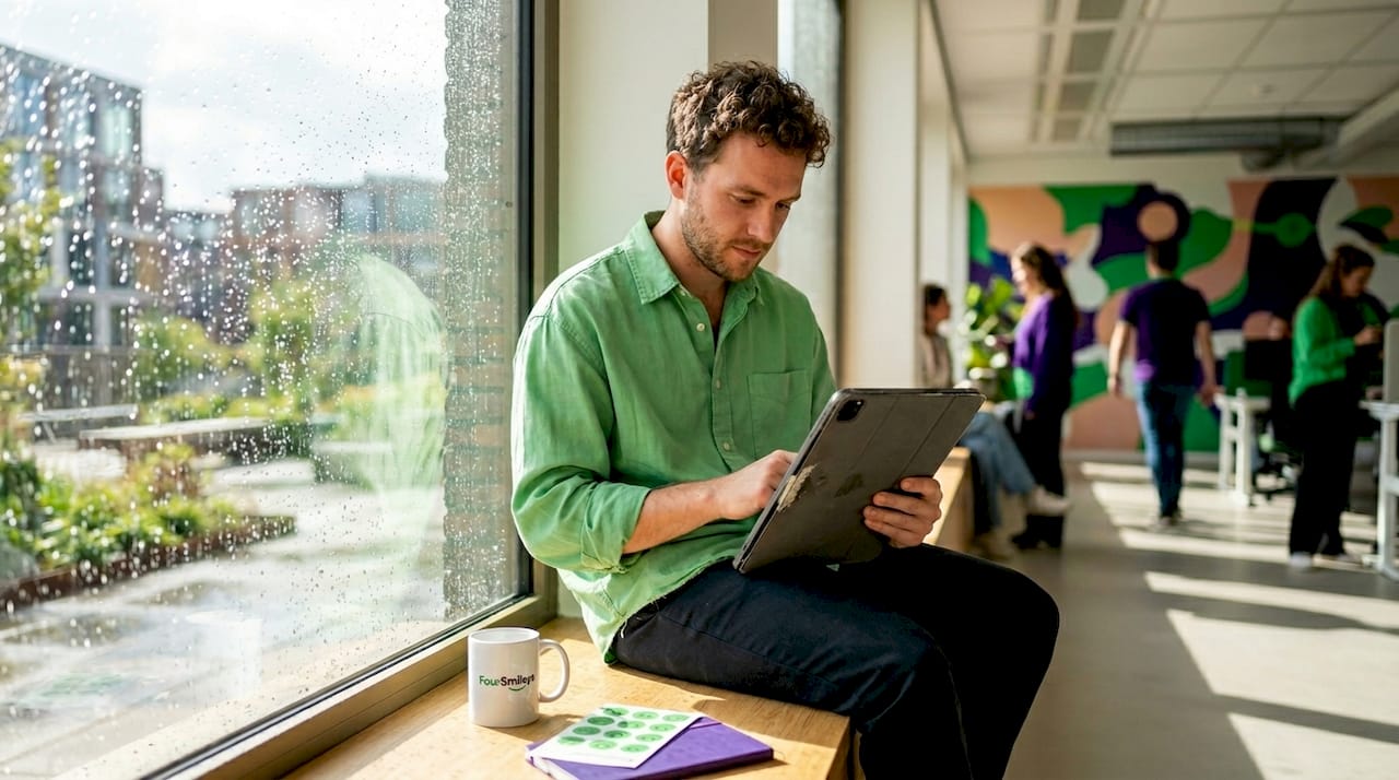 Man vult feedback in via app tijdens lunchpauze in de bedrijfskantine