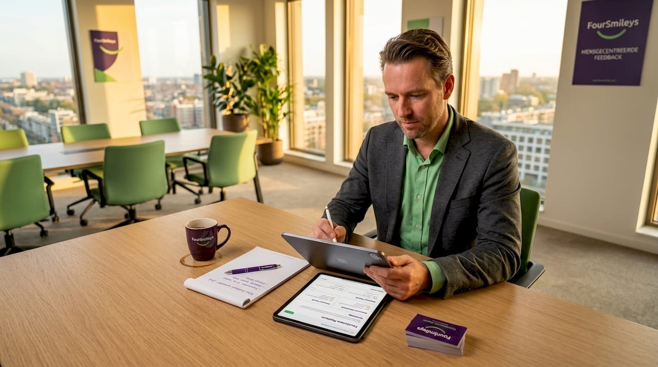 Een manager bekijkt binnengekomen feedback op zijn tablet.