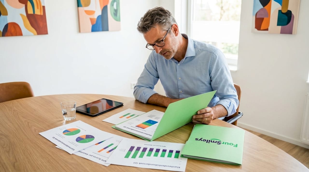 Een specialist buigt zich over grafieken met klanttevredenheid om inzichten te verkrijgen.