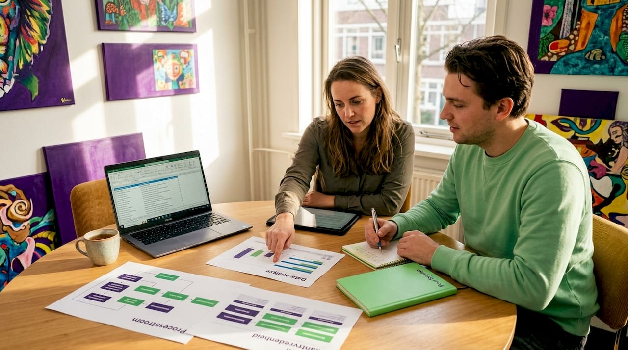 Teamleden nemen samen de workflow-schema’s onder de loep om te kijken waar het beter kan.