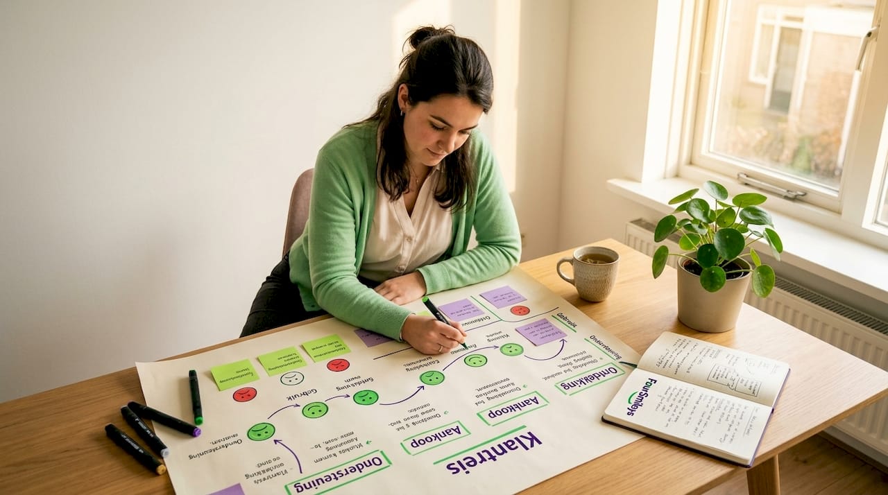 Een vrouw werkt aan het uittekenen van de customer journey aan haar bureau.