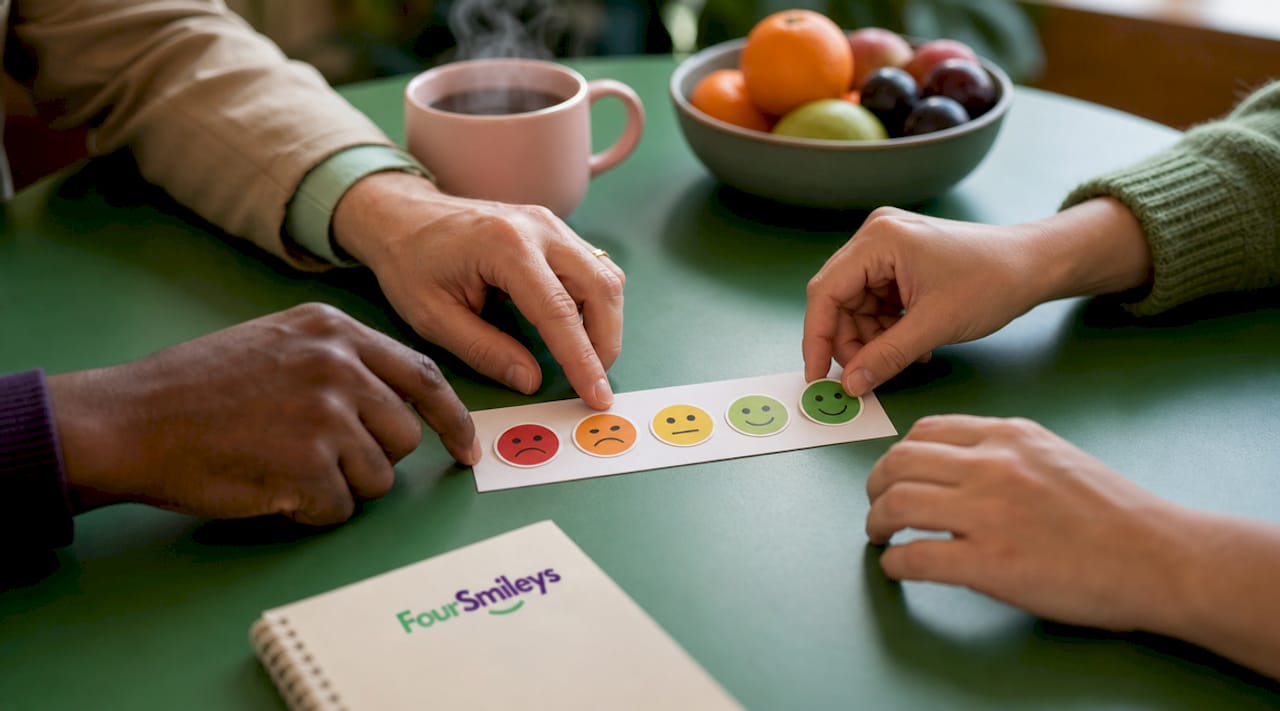 Handen die een schuifbalk met verschillende smileys bedienen