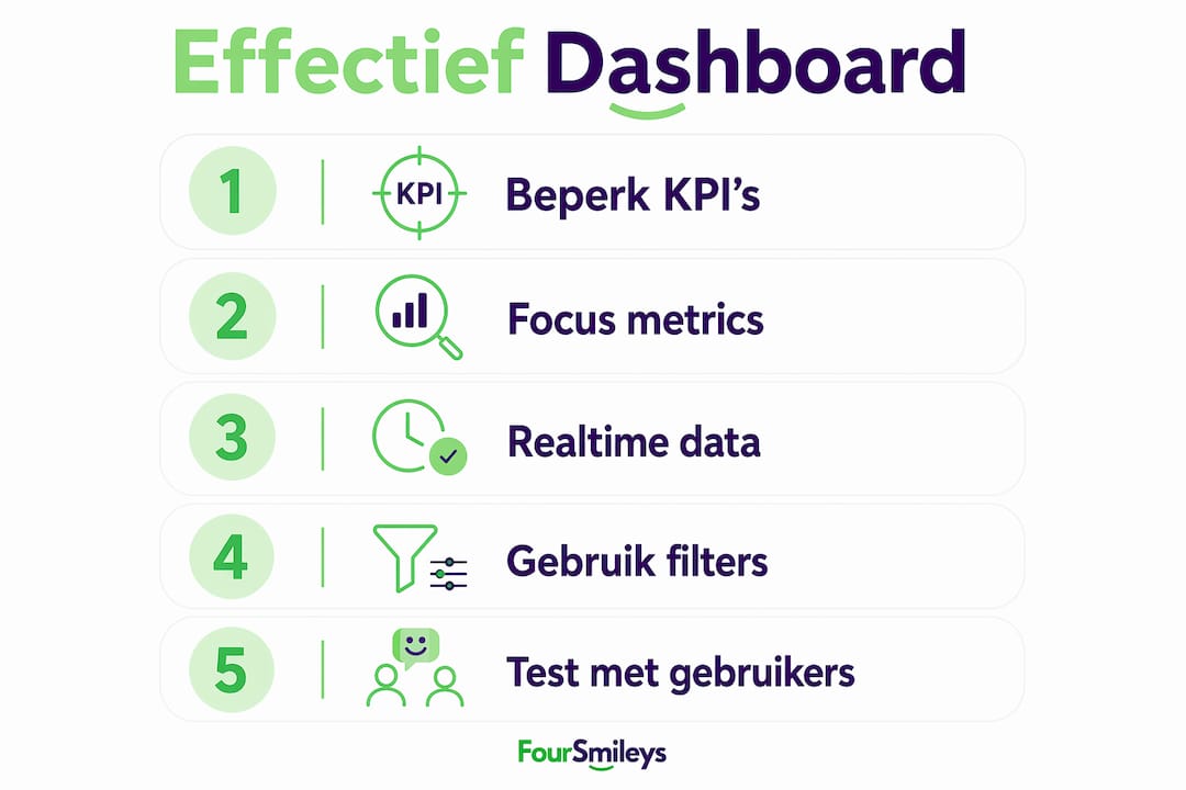 Overzichtelijke infographic met vijf essentiële stappen voor een effectief dashboard