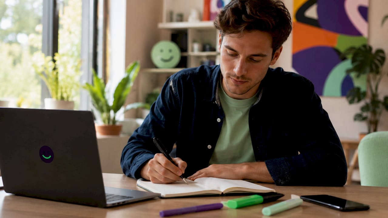 Een IT-specialist werkt gefocust vanuit huis aan zijn projecten.