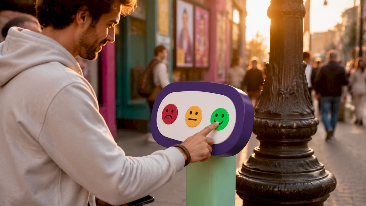 Een klant drukt op de smiley-knop om feedback te geven in de winkel.