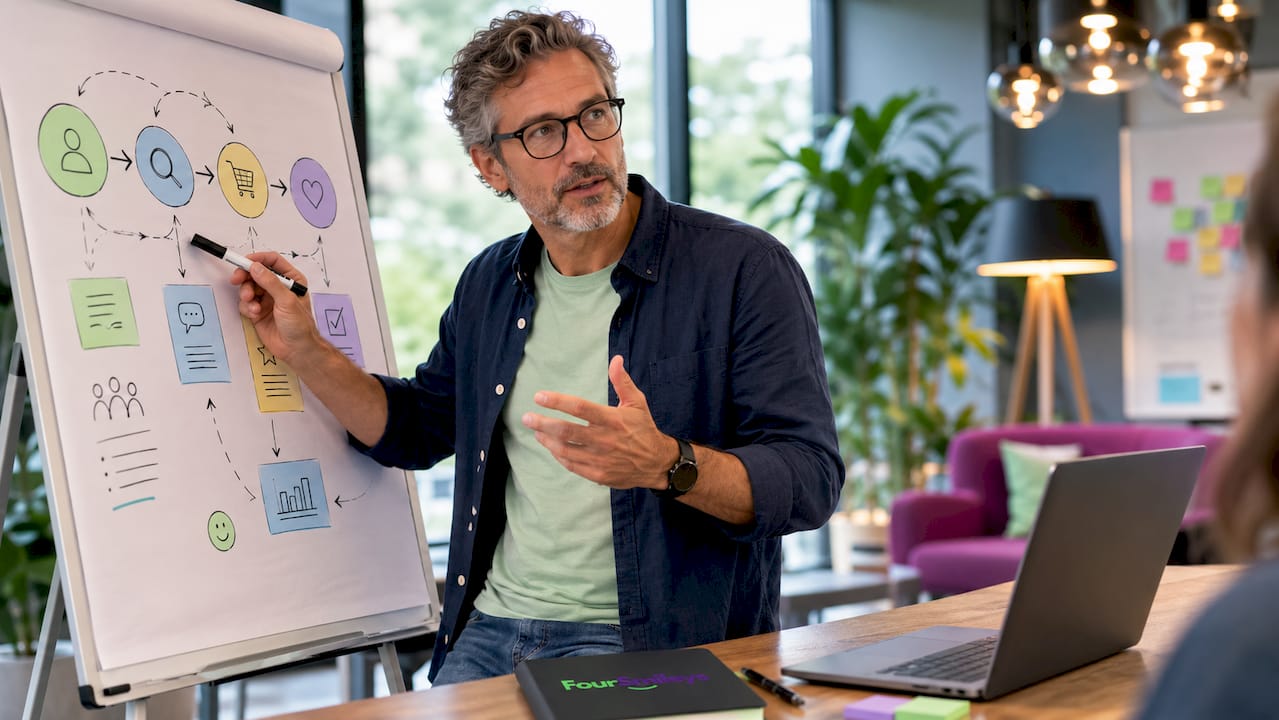 De analist licht de verschillende fases van de klantreis toe op het whiteboard.