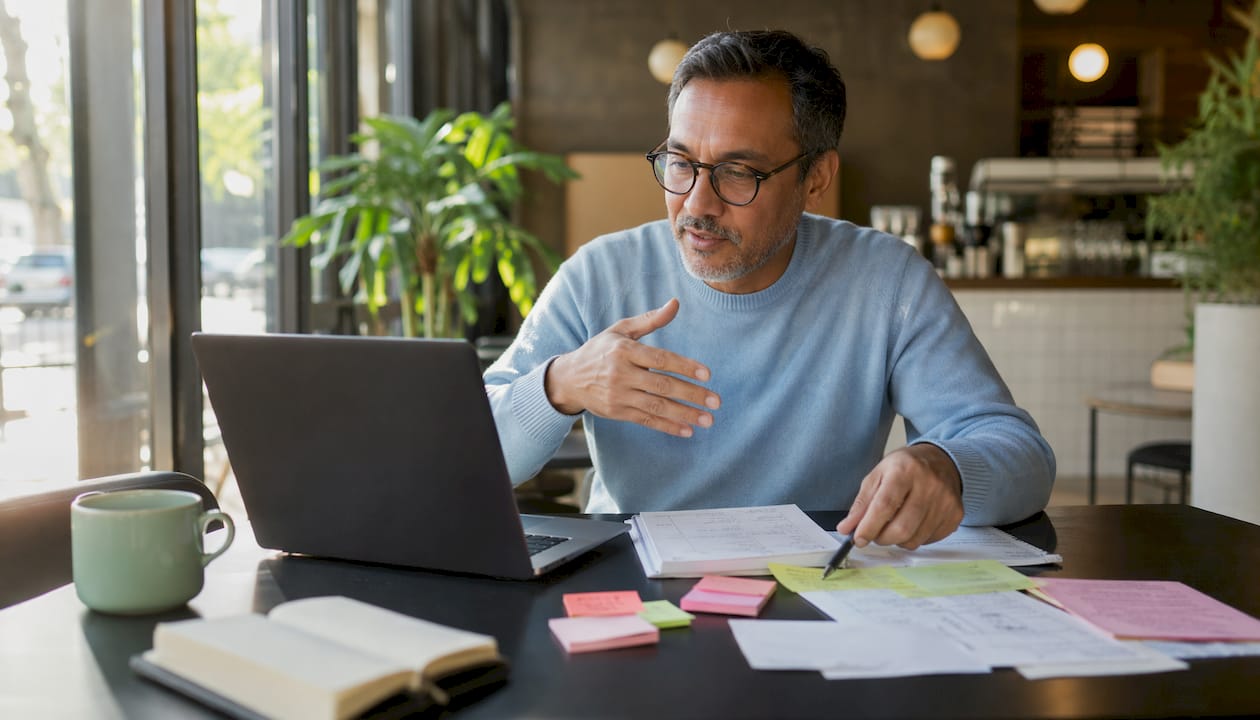 Man voert een online overleg vanuit zijn thuiskantoor, met notities en laptop bij de hand.