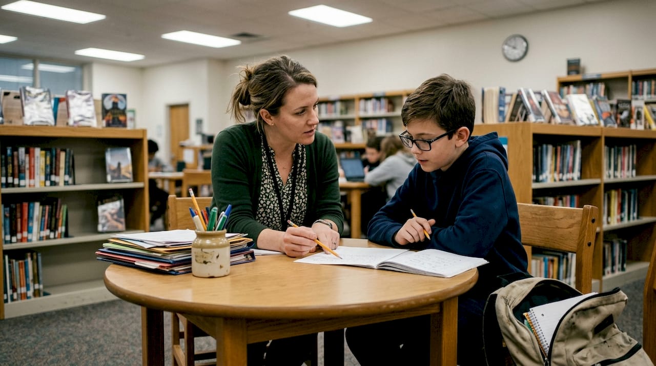 Teacher conferencing with student on writing draft