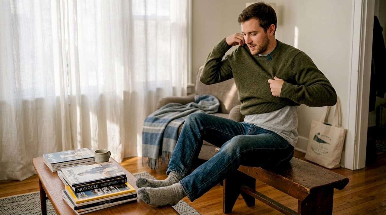 Man layering sustainable sweater and denim