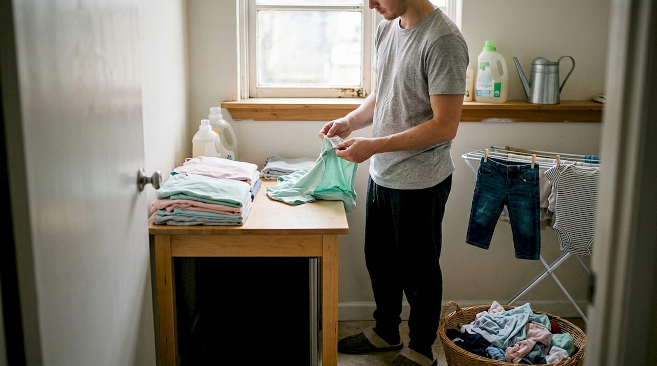 Parent sorting organic clothes in laundry room