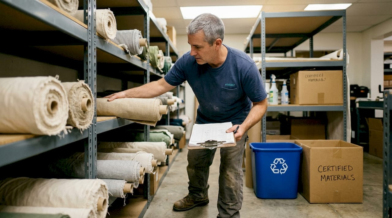 Textile worker organizing organic cotton and hemp
