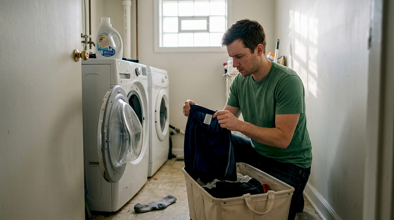Man checking sportswear clothing label in laundry