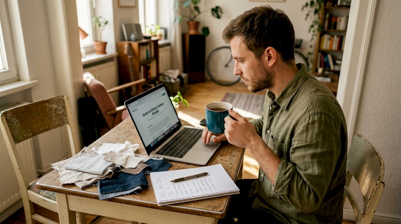 Man researching sustainable fabrics and brands