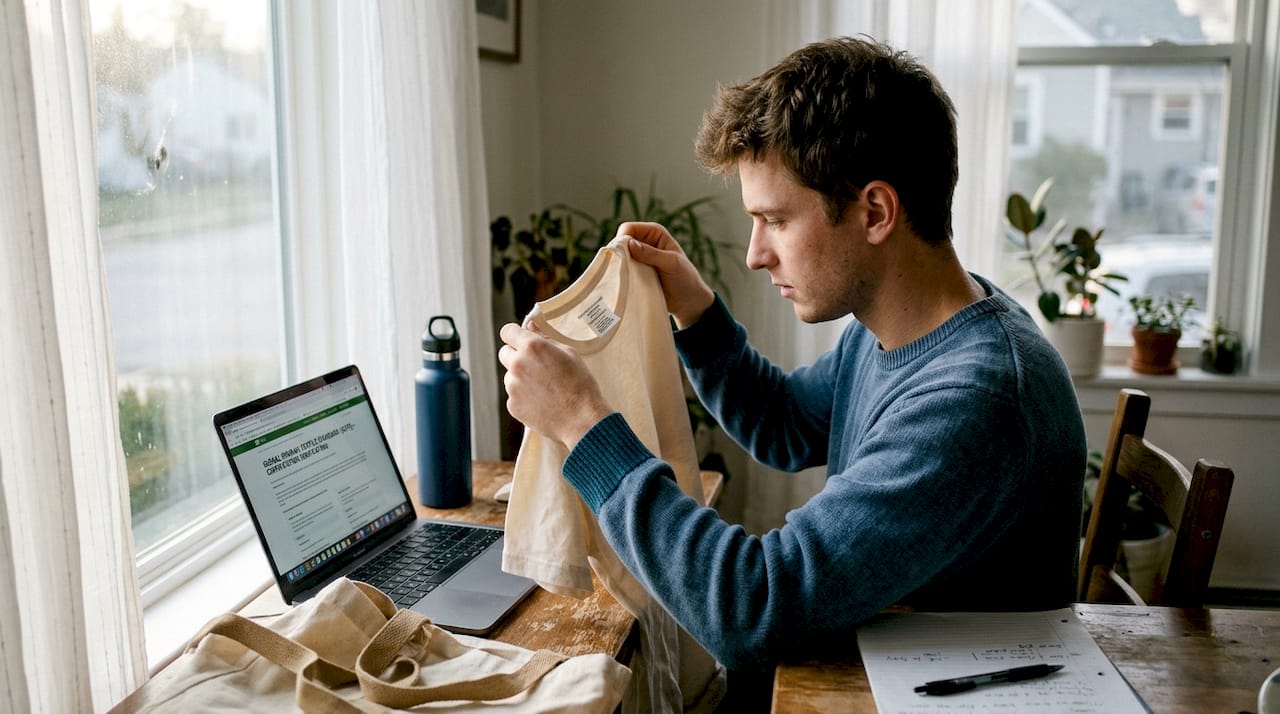 Man checking cotton shirt stitching at table