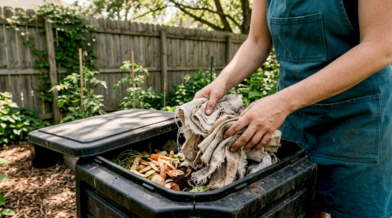 Hands composting natural fiber clothing scraps