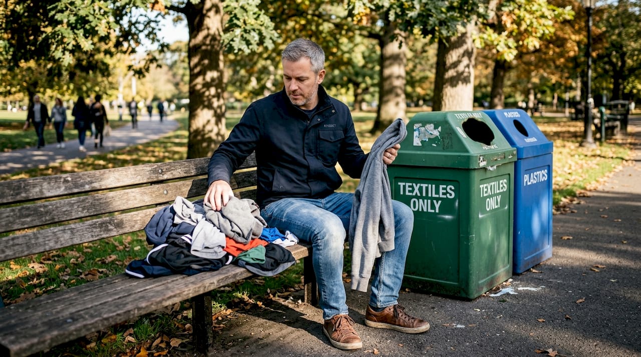 Man sorting sportswear for textile recycling