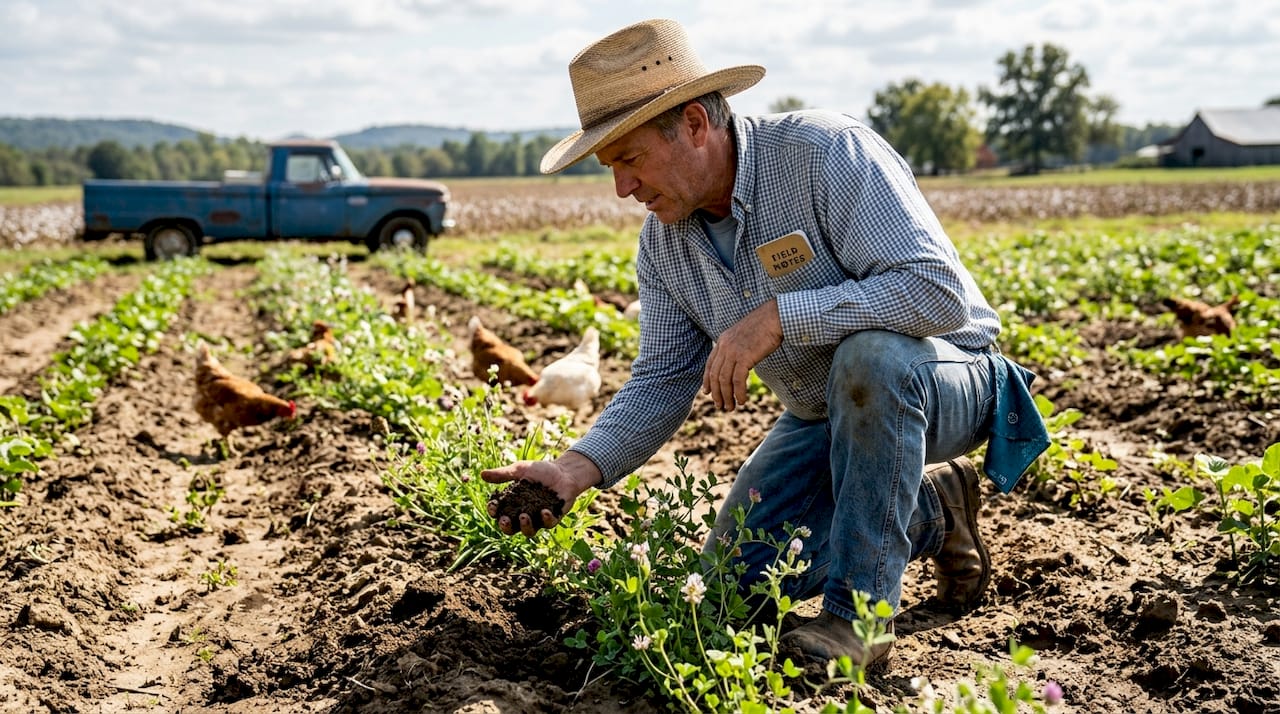 Farmer checking soil and cover crops