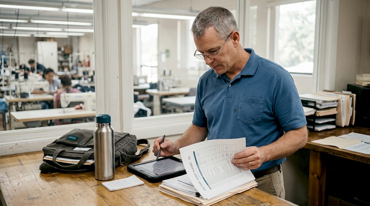 Auditor reviewing garment factory documents