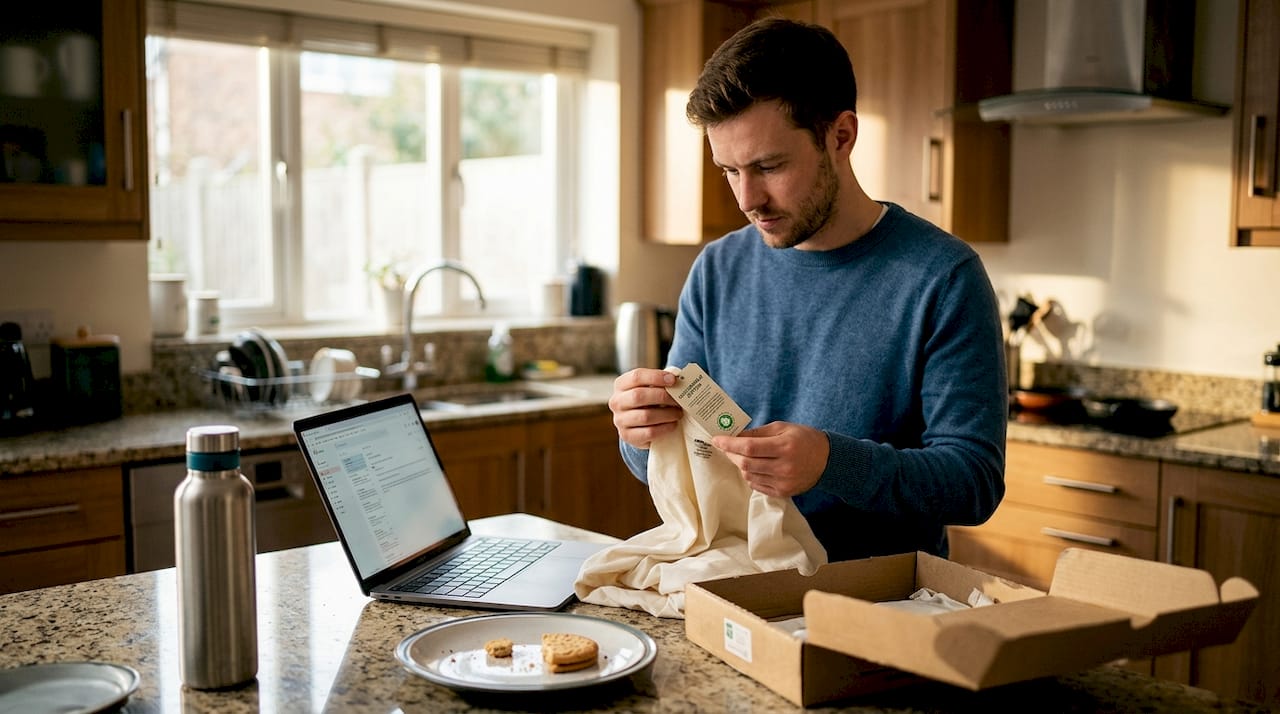 Man reviews certified apparel label at kitchen