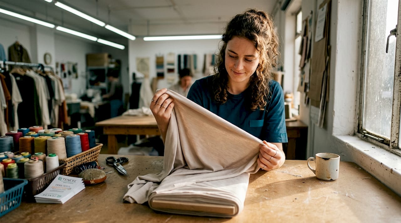 Hands examining TENCEL Lyocell roll in studio