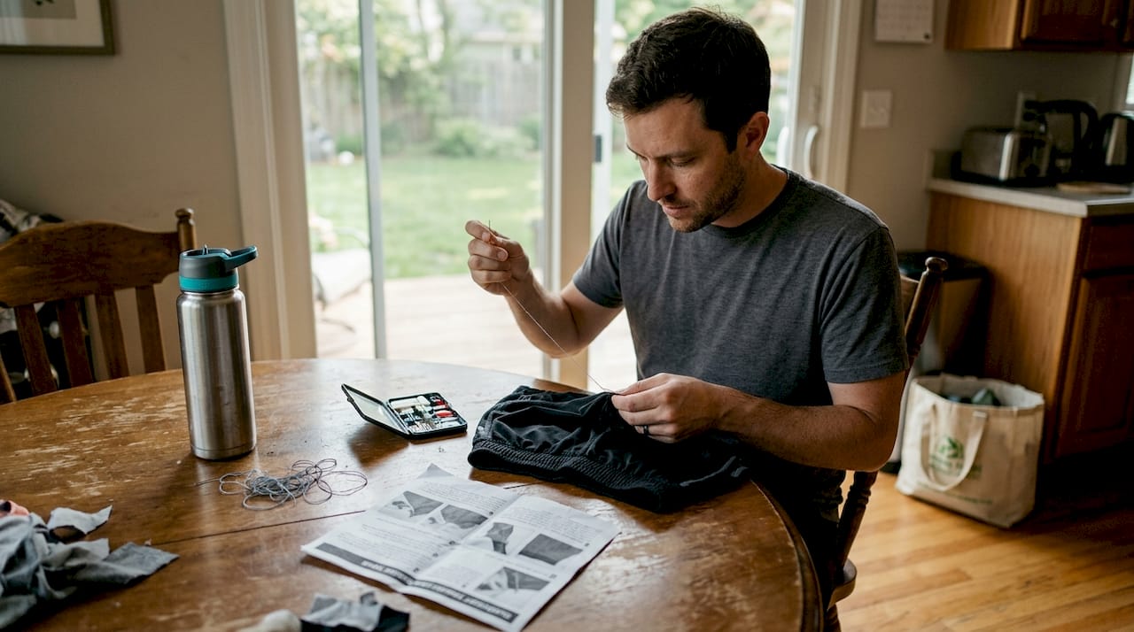 Man repairs athletic shorts at kitchen table