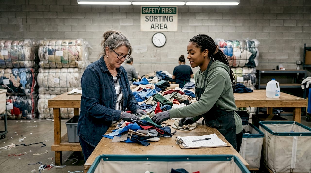 Workers sorting recycled textiles in facility