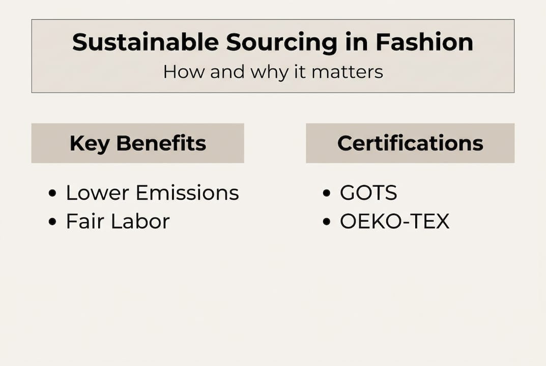 Infographic with sustainable sourcing key benefits and certifications