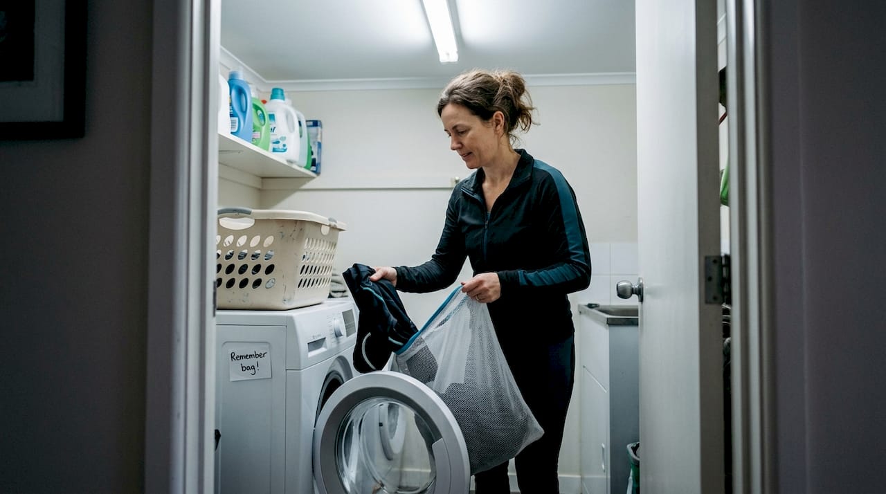 Woman using laundry bag to reduce microplastics