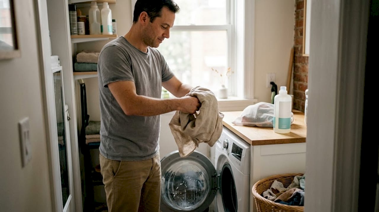 Man turns organic shirt inside out for washing