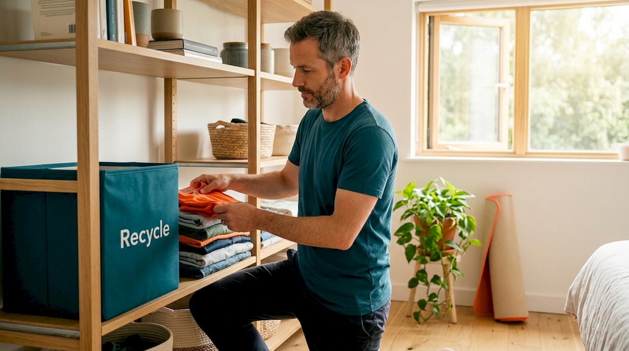 Man folding and storing activewear in bright bedroom