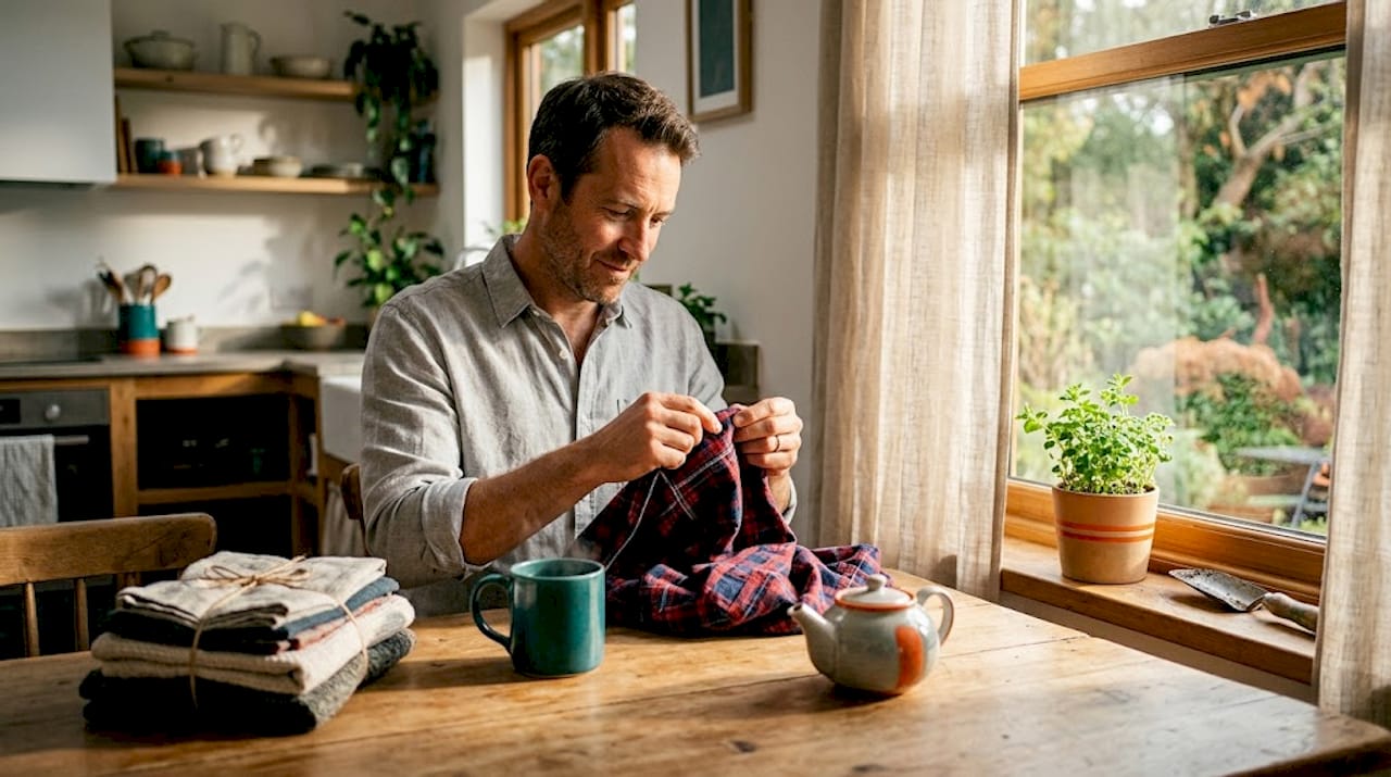 Man inspecting seam quality of plaid shirt