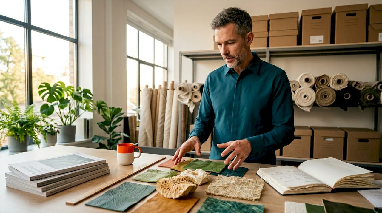 Designer examines vegan textile material samples