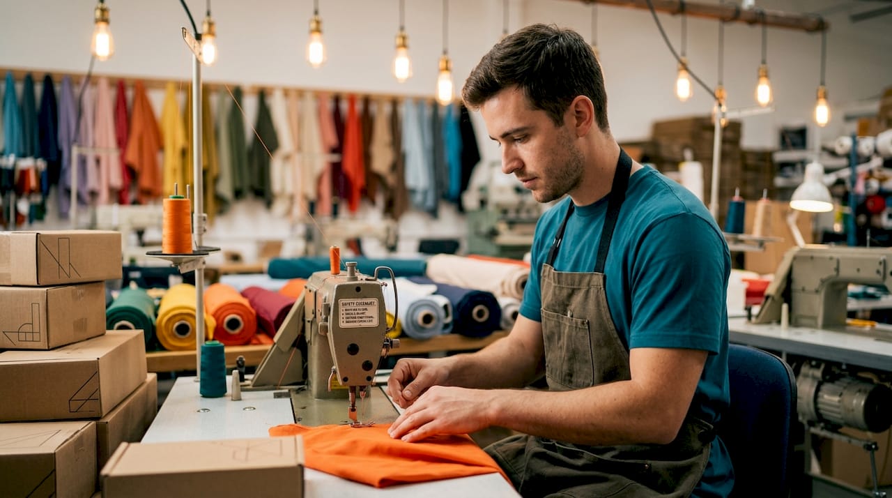 Factory worker threading fabric on sewing machine