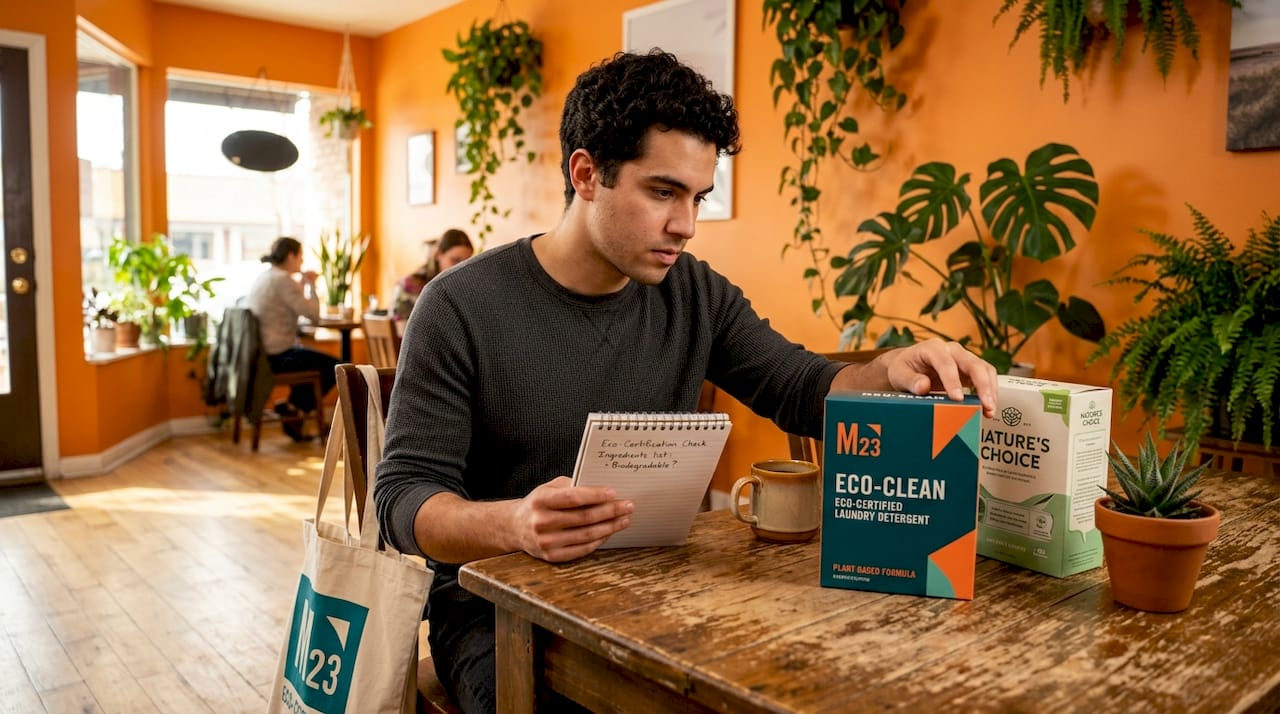 Man comparing eco labels on store products
