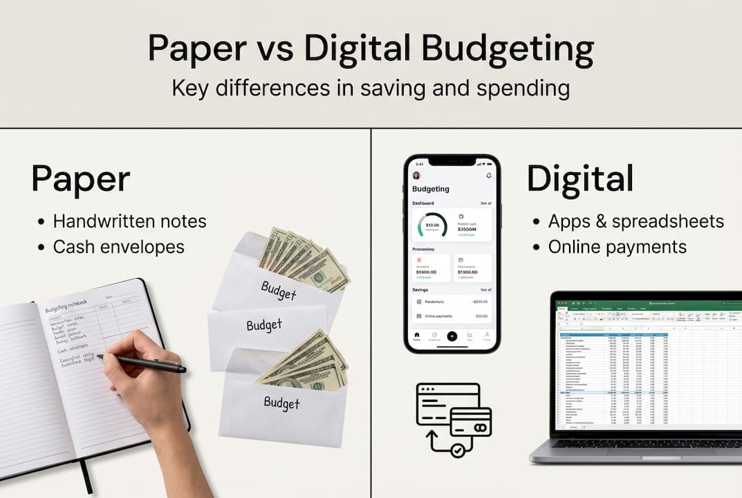 Infographic contrasting paper and digital budgeting